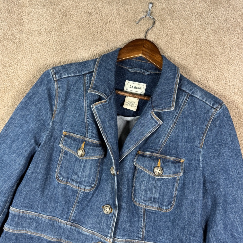 L.L.Bean Denim Safari Jacket Womens M Medium Blue Utility Field Coat Jean Barn